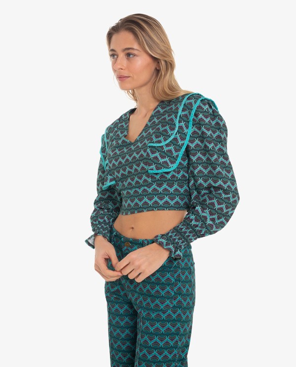 Cuplé CROP TOP CON SOLAPAS EN HOMBROS Y ESTAMPADO GEOMETRICO AZUL Precios de Black Friday
