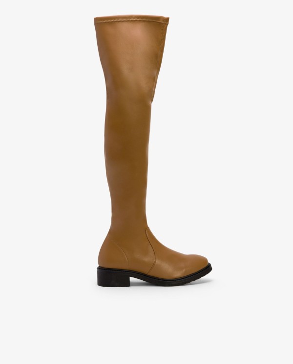 Cuplé BOTA ALTA DE TECNOPIEL COLOR CUERO CON TACÓN BAJO