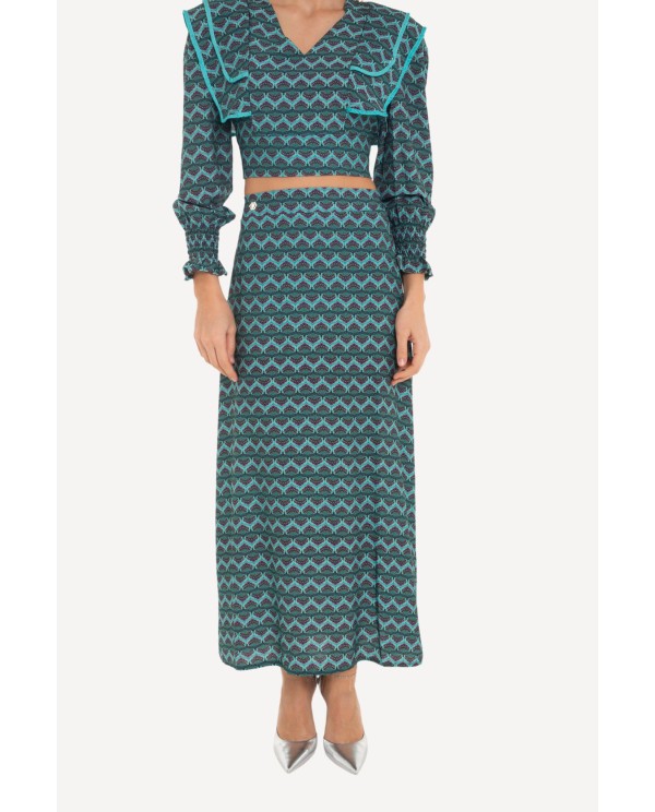 Cuplé FALDA MIDI CON ESTAMPADO GEOMETRICO AZUL ÚLTIMAS EDICIONES