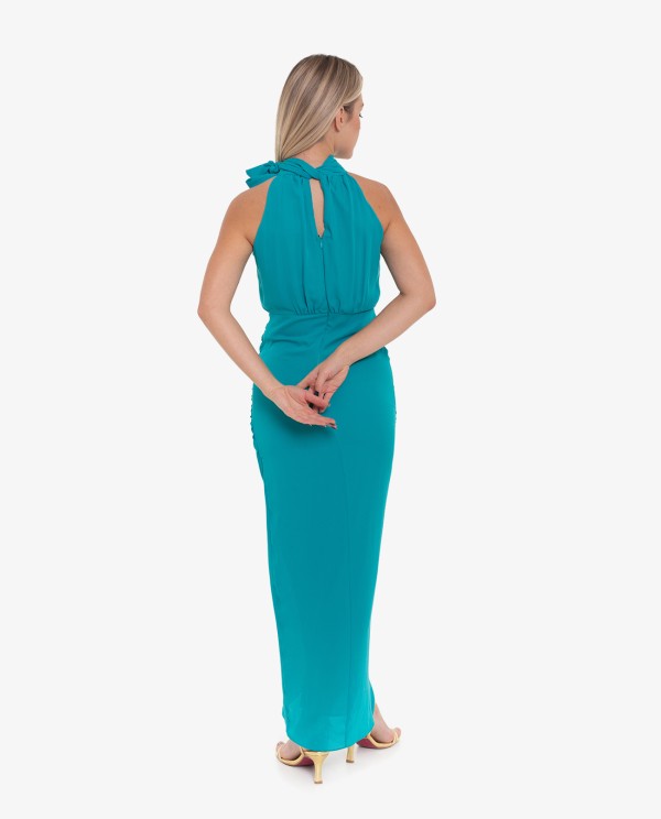 Cuplé VESTIDO LARGO HALTER FRUNCIDO VERDE Promoción por tiempo limitado