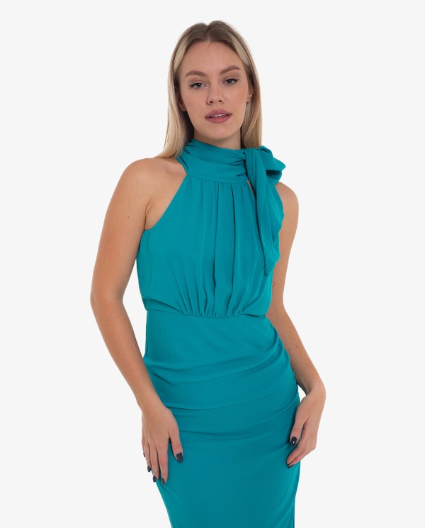 Cuplé VESTIDO LARGO HALTER FRUNCIDO VERDE Promoción por tiempo limitado
