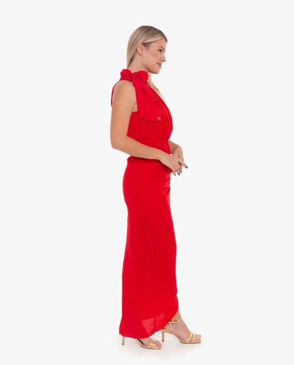 Cuplé VESTIDO LARGO HALTER FRUNCIDO ROJO
