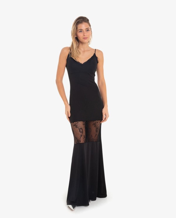 Cuplé VESTIDO LARGO CON ENCAJE Y TRANSPARENCIAS NEGRO