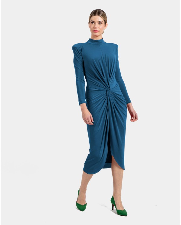 Cuplé VESTIDO MIDI AZUL DE PUNTO CON NUDO FRONTAL Y HOMBROS ESTRUCTURADOS