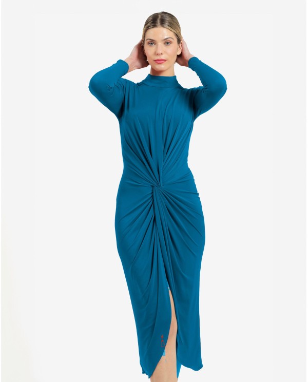 Cuplé VESTIDO MIDI AZUL DE PUNTO CON NUDO FRONTAL Y HOMBROS ESTRUCTURADOS Limitado a 3 días