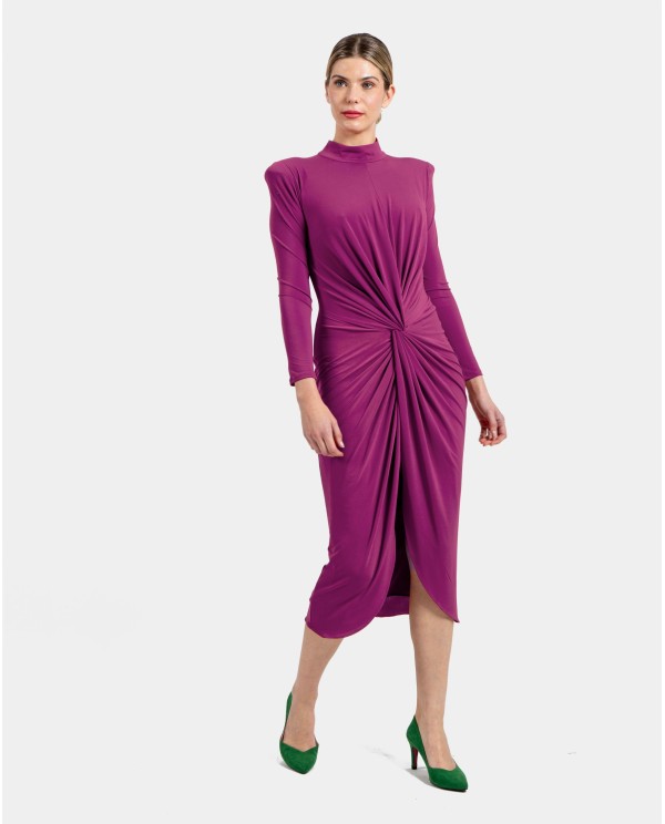 Cuplé VESTIDO MIDI FUCSIA DE PUNTO CON NUDO FRONTAL Y HOMBROS ESTRUCTURADOS