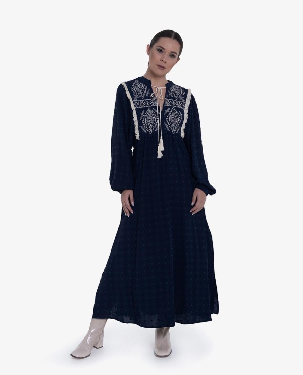 Cuplé VESTIDO BOHO LARGO PLUMETI AZUL OSCURO Descuento