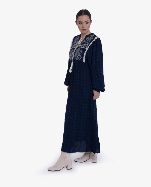 Cuplé VESTIDO BOHO LARGO PLUMETI AZUL OSCURO Descuento