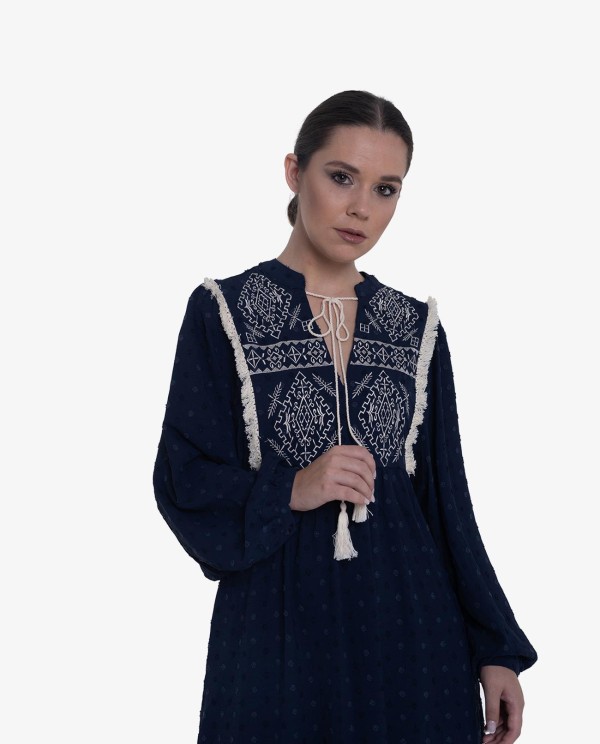 Cuplé VESTIDO BOHO LARGO PLUMETI AZUL OSCURO Descuento