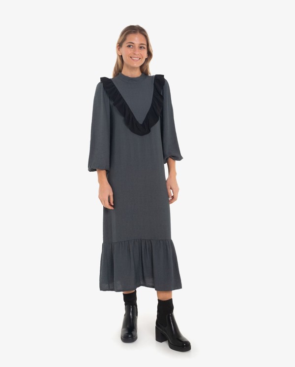 Cuplé VESTIDO MIDI GRIS CON VOLANTES Y MANGAS ABULLONADAS