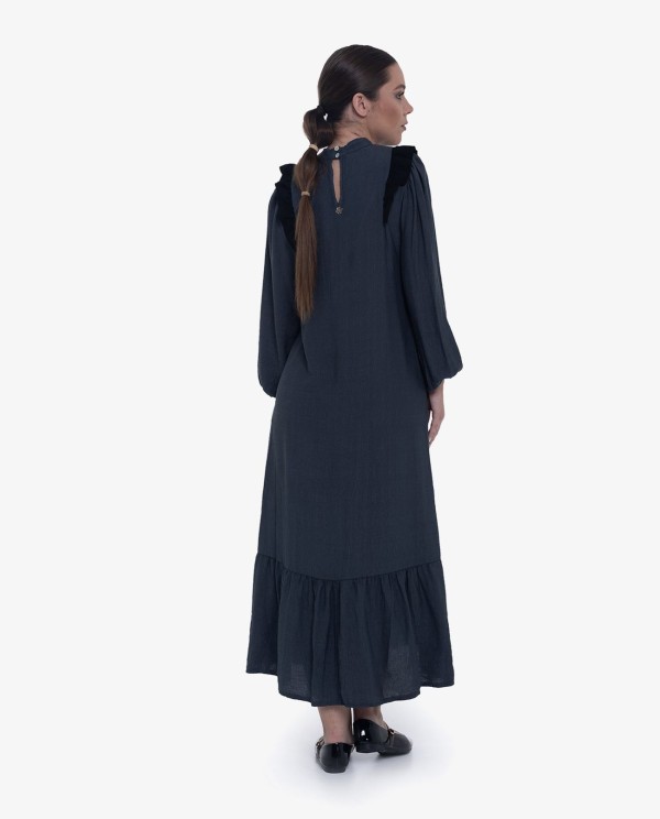 Cuplé VESTIDO MIDI GRIS CON VOLANTES Y MANGAS ABULLONADAS Tienda
