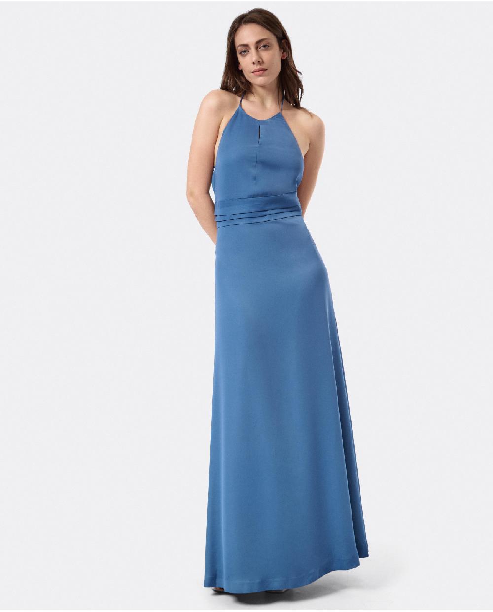 Cuplé VESTIDO FIESTA ESCOTE HALTER SATEN AZUL PETROLEO