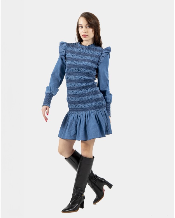 Cuplé VESTIDO CORTO ELÁSTICO DE DENIM AZUL CON VOLANTES