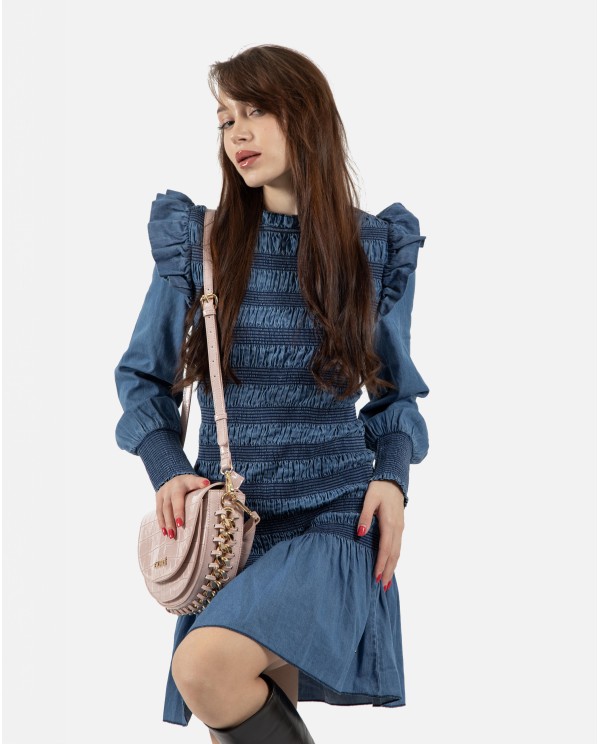 Cuplé VESTIDO CORTO ELÁSTICO DE DENIM AZUL CON VOLANTES Promoción trimestral