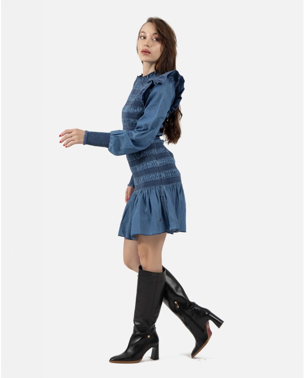 Cuplé VESTIDO CORTO ELÁSTICO DE DENIM AZUL CON VOLANTES Promoción trimestral
