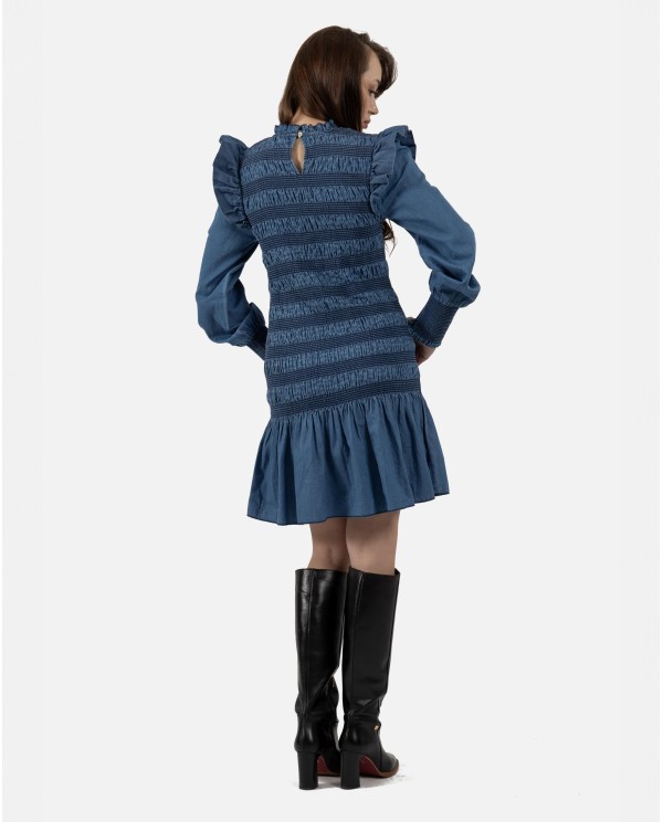 Cuplé VESTIDO CORTO ELÁSTICO DE DENIM AZUL CON VOLANTES Promoción trimestral