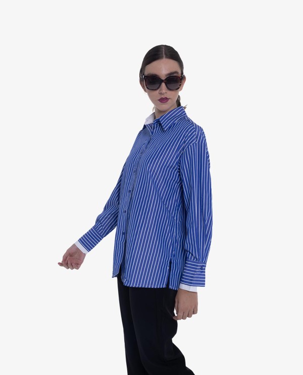 Cuplé CAMISA DE RAYAS AZUL Y BLANCO CON PUÑOS CONTRASTADOS Limitado a 3 días