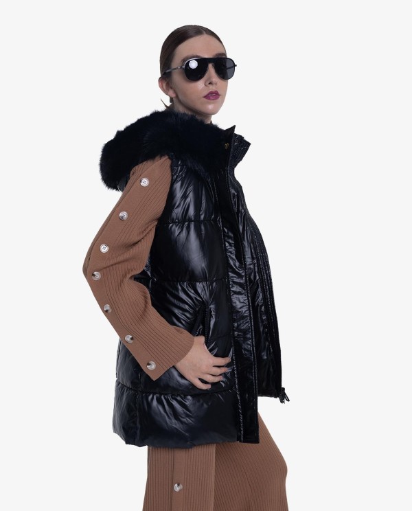 Cuplé CHALECO ACOLCHADO DE NYLON NEGRO CON DETALLES DE PELO Venta caliente