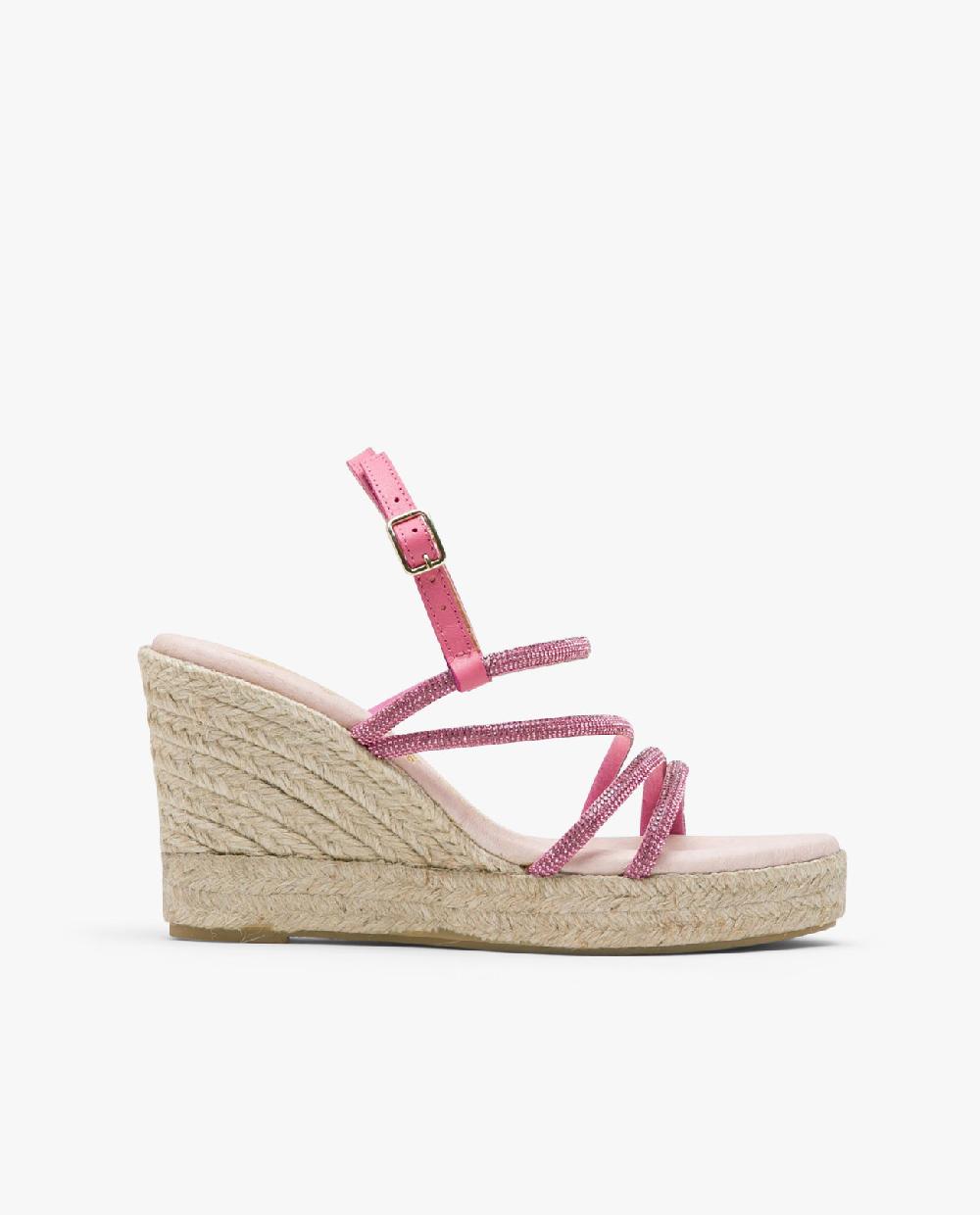 Cuplé SANDALIA CUÑA TIRAS STRASS FUCSIA Libre de impuestos