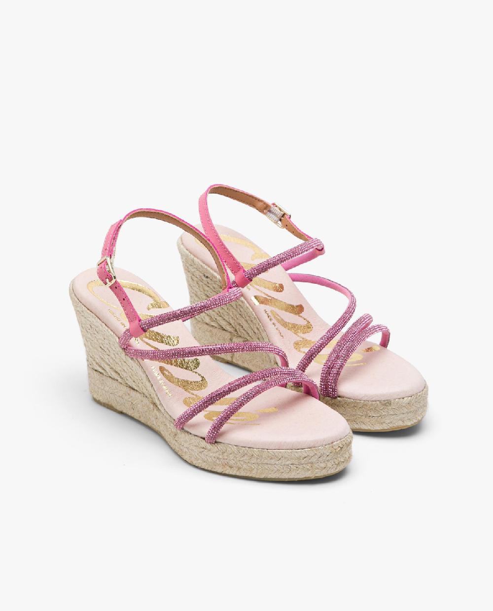 Cuplé SANDALIA CUÑA TIRAS STRASS FUCSIA Libre de impuestos