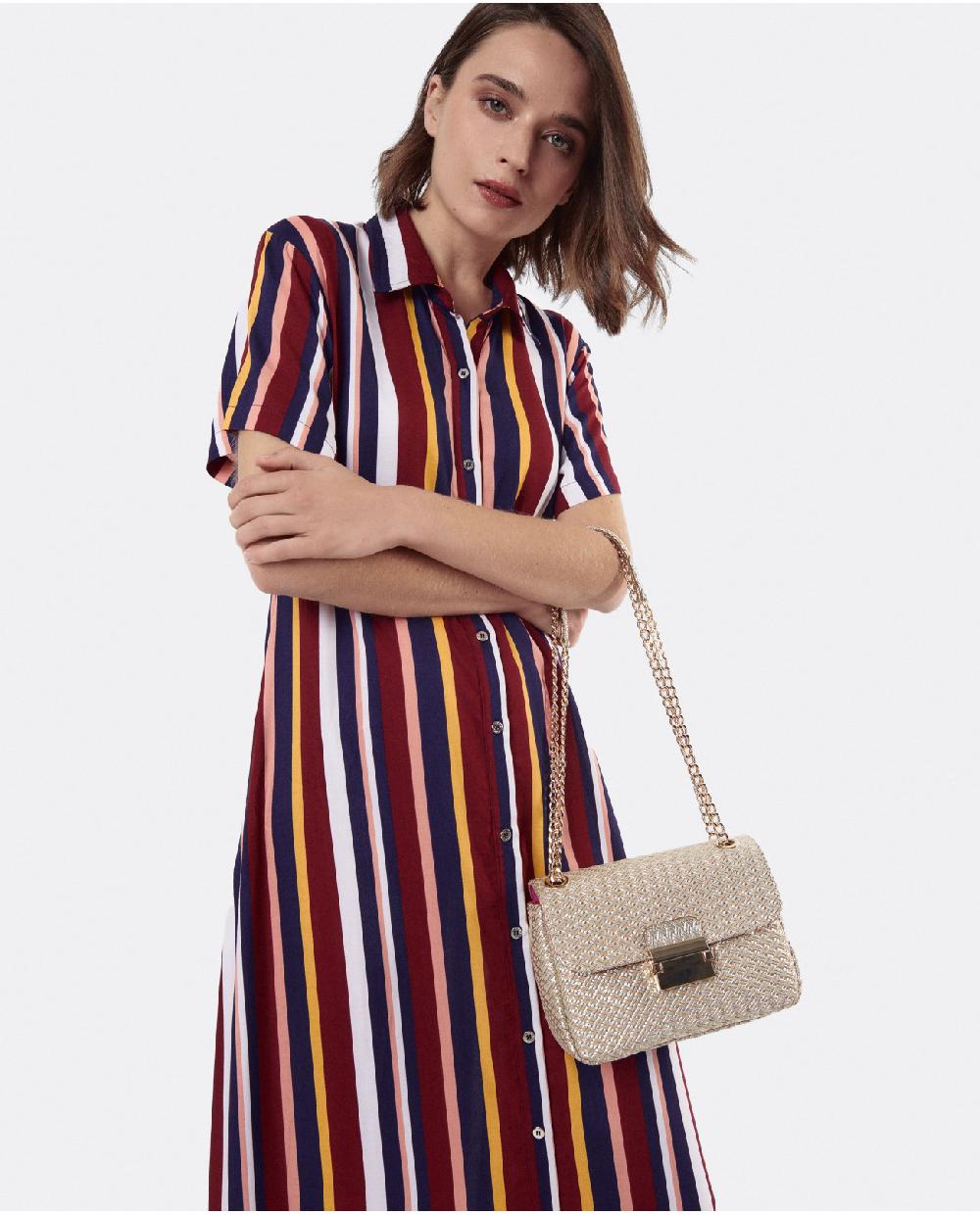 Cuplé VESTIDO CAMISERO LARGO VISCOSA RAYAS ROJAS 2025