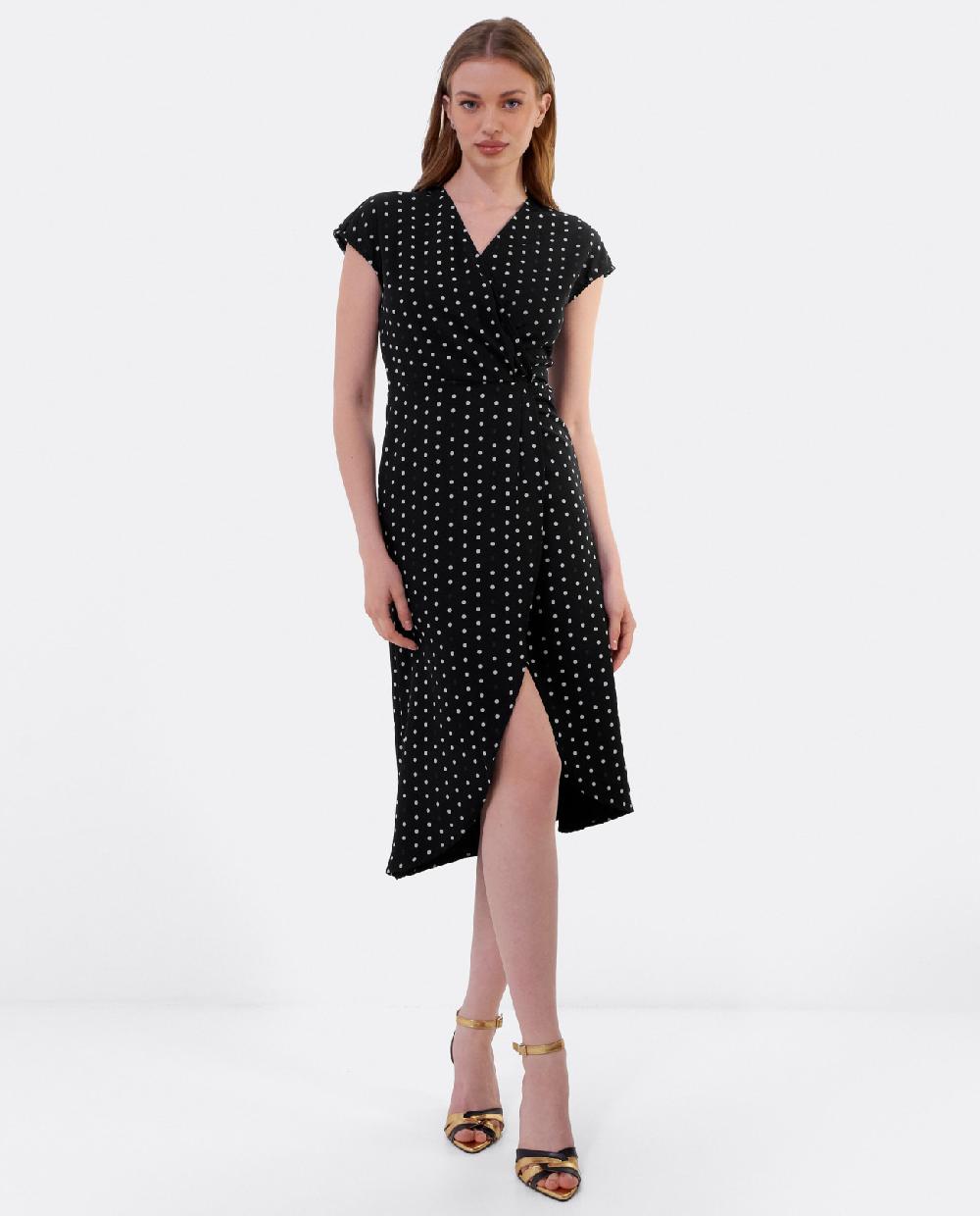 Cuplé VESTIDO MIDI CRUZADO CREP LUNARES BLANCO NEGRO