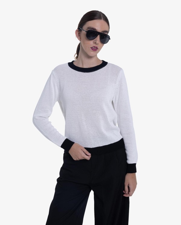 Cuplé JERSEY DE PUNTO BLANCO CON DETALLES NEGROS EN CUELLO Y PUÑOS Superdescuento