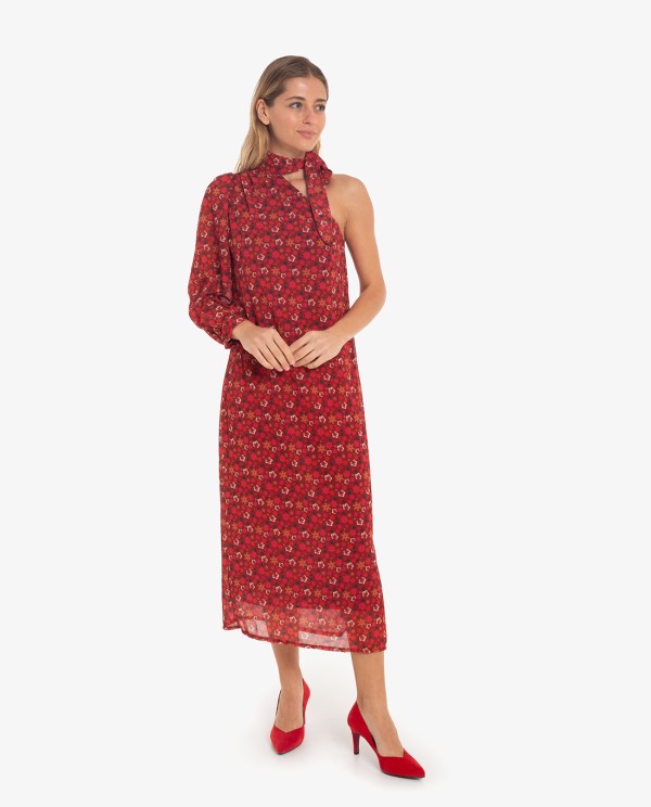Cuplé VESTIDO MIDI ASIMÉTRICO DE GASA CON ESTAMPADO FLORAL Y UNA MANGA