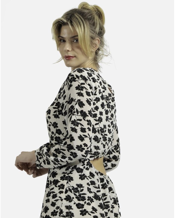Cuplé VESTIDO CUT OUT CREP ESTAMPADO FLORES BLANCO NEGRO