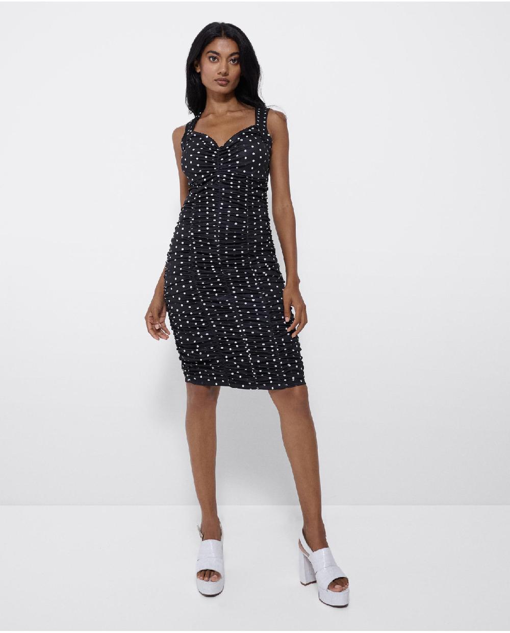 Cuplé VESTIDO AJUSTADO DRAPEADO PUNTO LUNARES BLANCO NEG