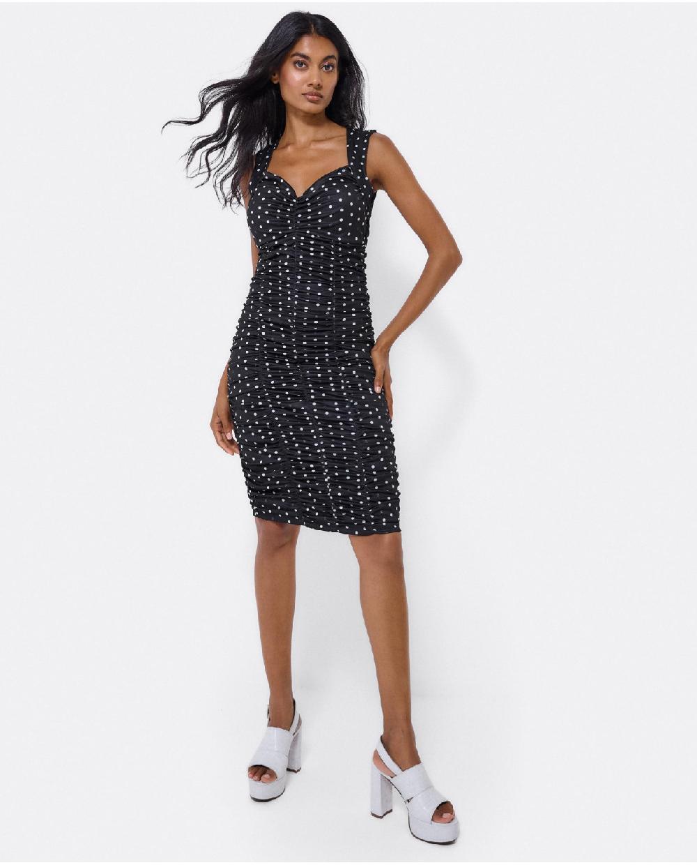 Cuplé VESTIDO AJUSTADO DRAPEADO PUNTO LUNARES BLANCO NEG Rebajas top