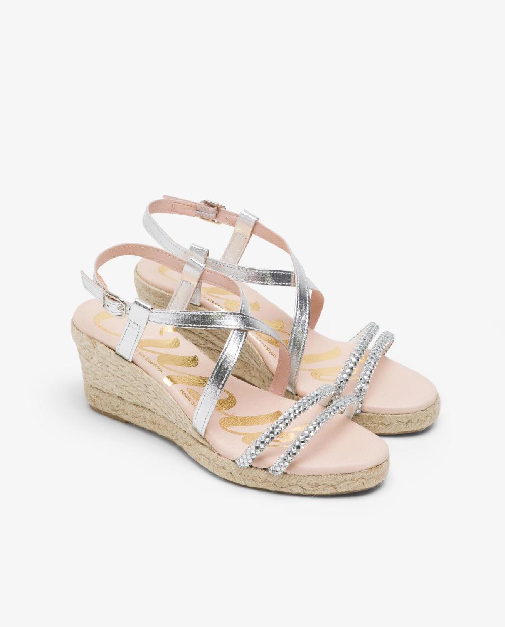 Cuplé SANDALIA CUÑA TIRAS STRASS PLATA Última moda