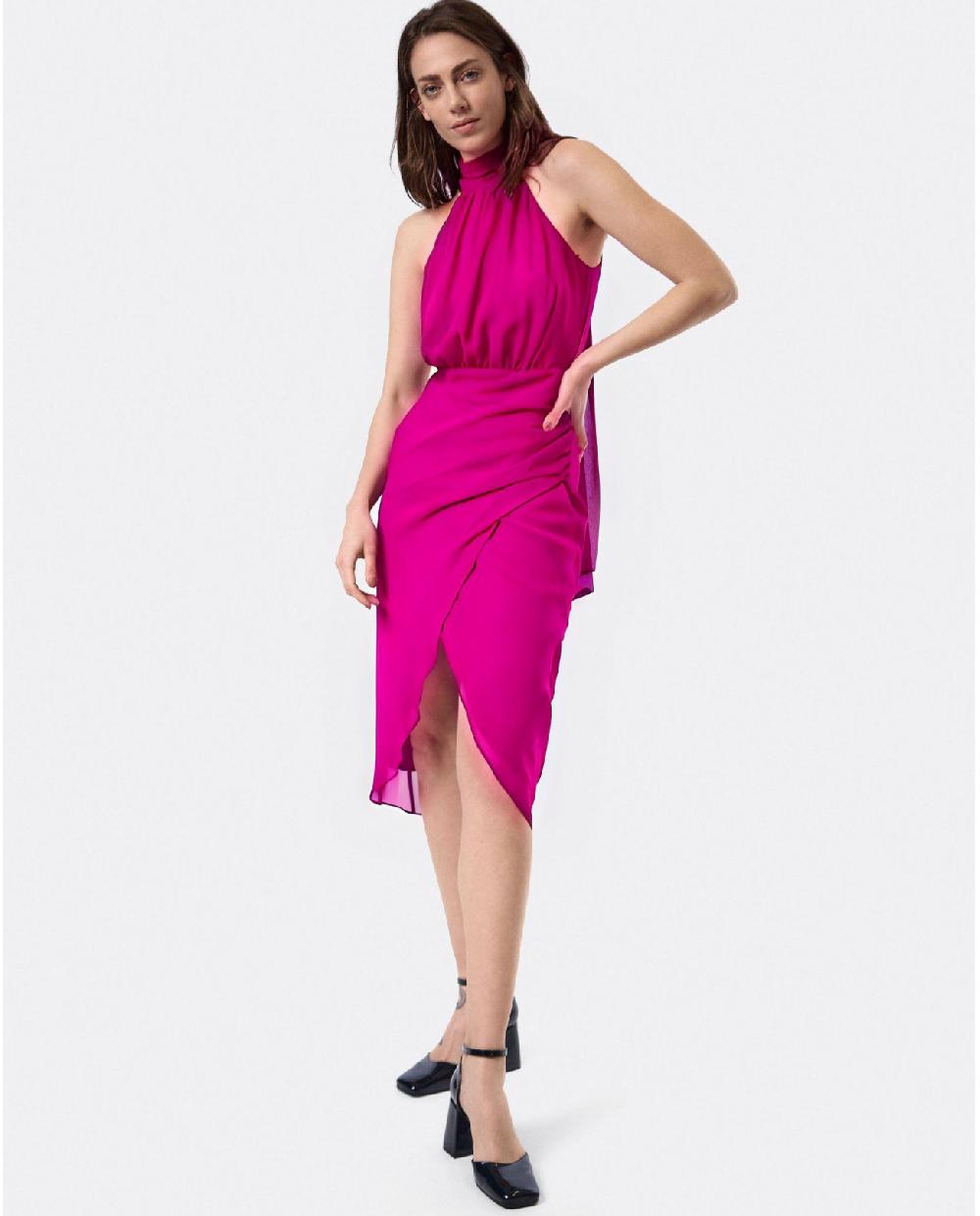 Cuplé VESTIDO ESCOTE HALTER GASA FUCSIA Descuento por venta flash