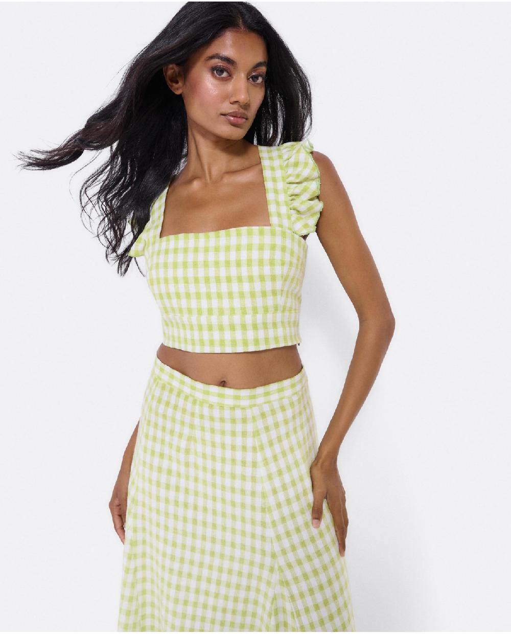 Cuplé CROP TOP VOLANTE TEJIDO CUADROS VICHY VERDE Outlet