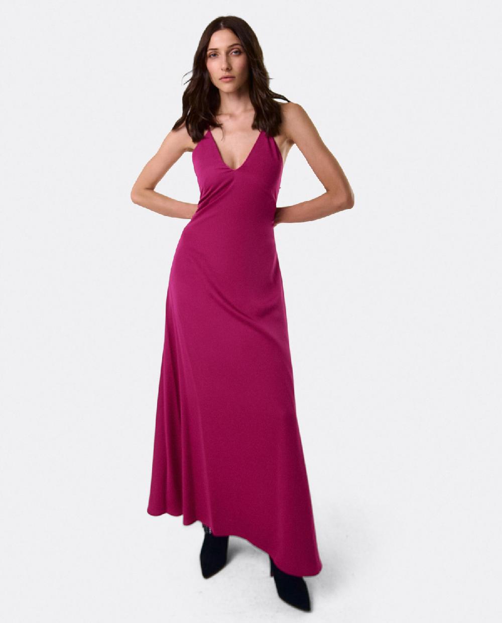 Cuplé VESTIDO LARGO FIESTA TIRANTES SATEN FUCSIA Mejor oferta
