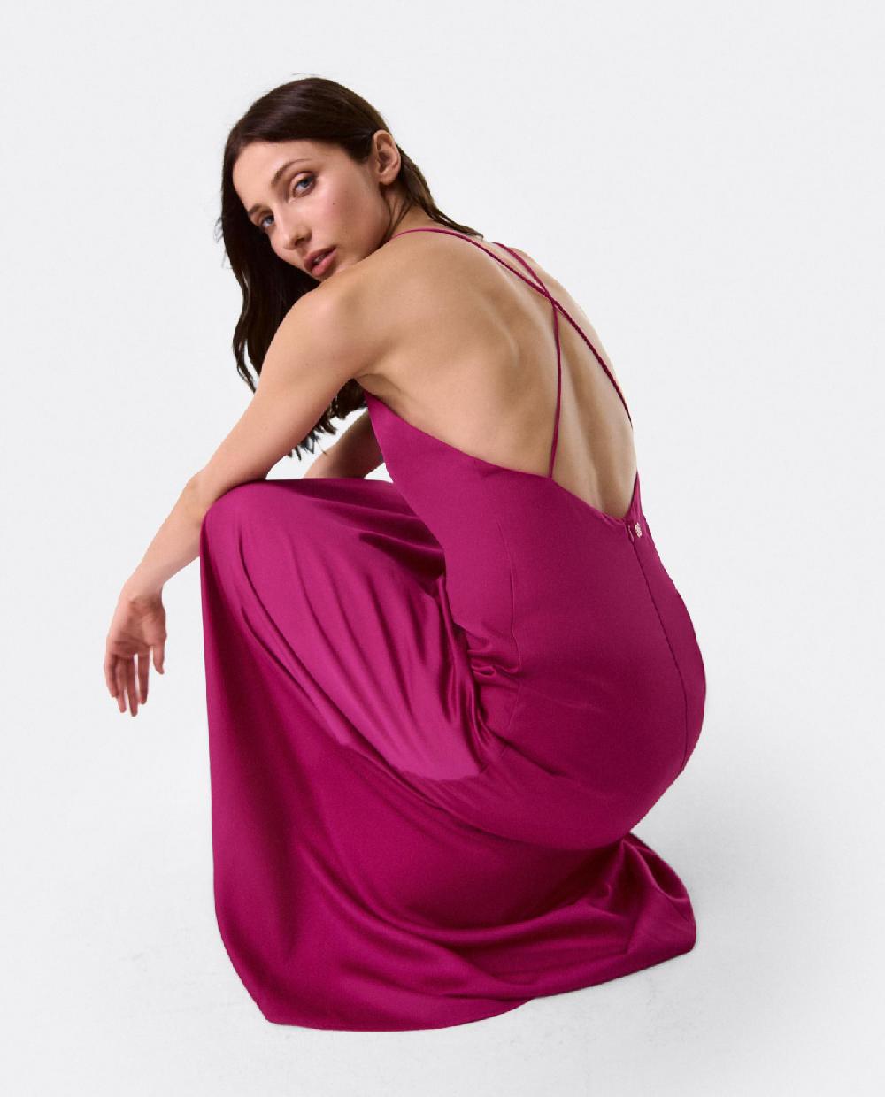 Cuplé VESTIDO LARGO FIESTA TIRANTES SATEN FUCSIA Mejor oferta