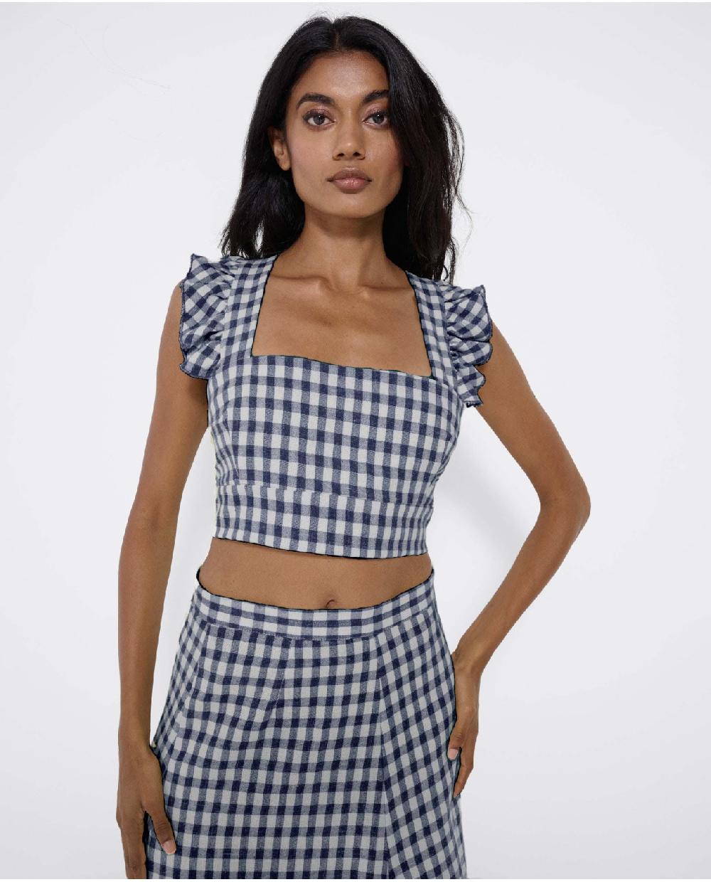 Cuplé CROP TOP VOLANTE TEJIDO CUADROS VICHY MARINO Envío gratis