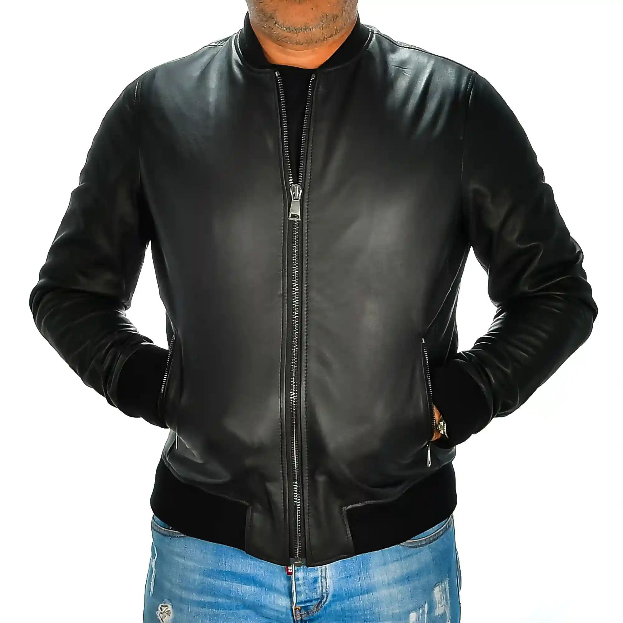 Firenze artegiani Chaqueta de hombre de piel auténtica con cuello mao Ofertas especiales