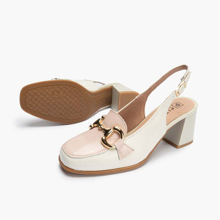 pitillos Zapatos de salón de mujer destalonado en piel charol con adorno hebilla metálica y tacón bloque BLANCO