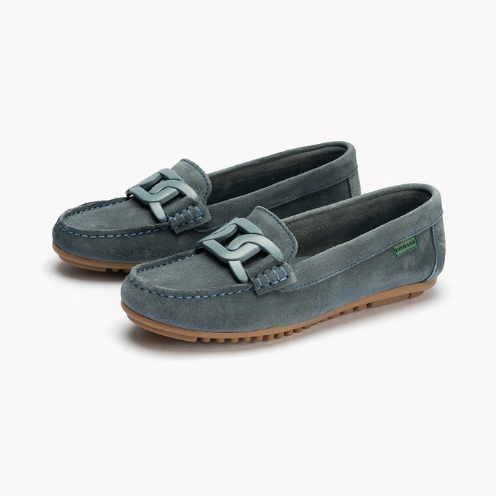 pitillos Mocasines de mujer en ante con adorno eslabón y suela de goma AZUL Rebajas de fábrica