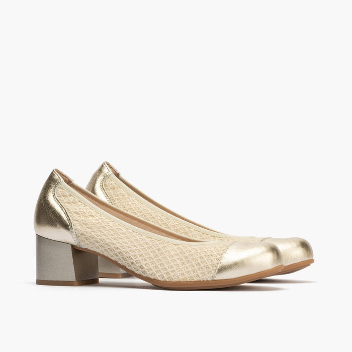 pitillos Zapatos de salón de mujer con piel combinada con textil con tacón medio DORADO Ventas relámpago