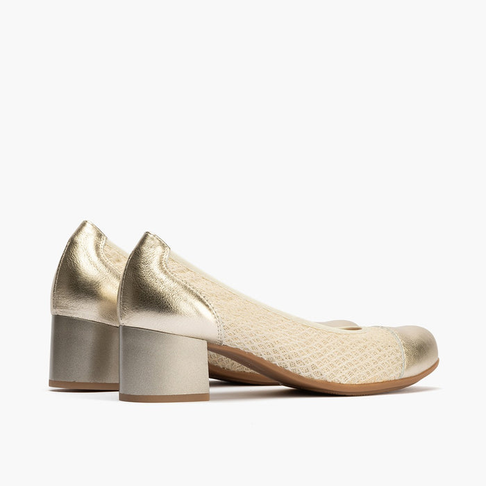 pitillos Zapatos de salón de mujer con piel combinada con textil con tacón medio DORADO Ventas relámpago