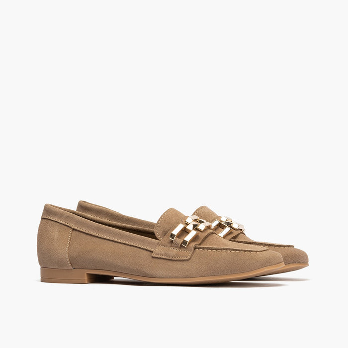 pitillos Mocasines de mujer en serraje con adorno y tacón bajo BEIGE Tienda