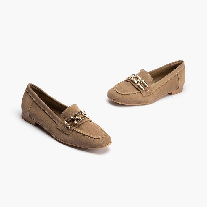 pitillos Mocasines de mujer en serraje con adorno y tacón bajo BEIGE Tienda
