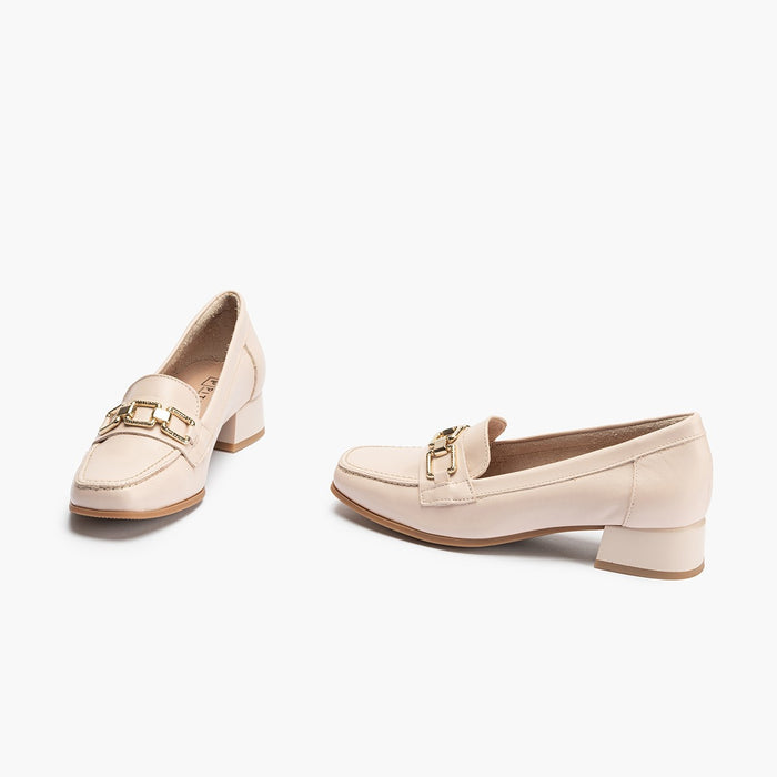 pitillos Mocasines de mujer en piel y adorno cadena metálica y tacón ROSA Rebajas online