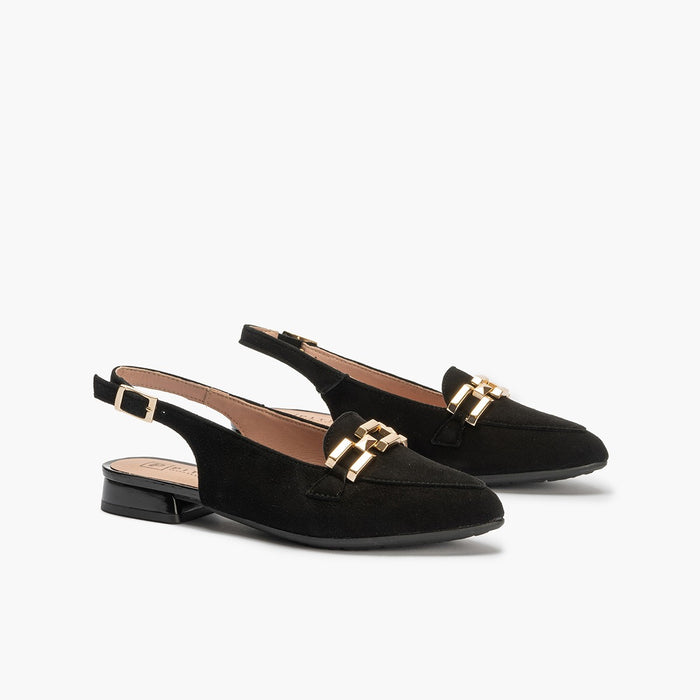 pitillos Mocasines de mujer destalonados en piel ante con adorno cadena metálica NEGRO Mejor oferta