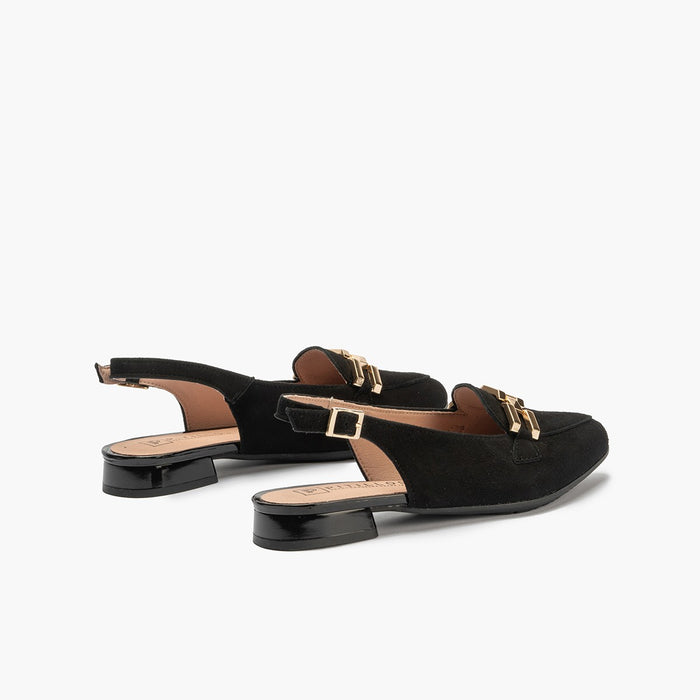 pitillos Mocasines de mujer destalonados en piel ante con adorno cadena metálica NEGRO Mejor oferta