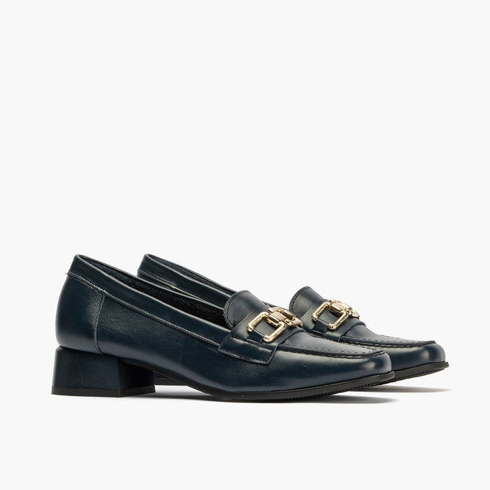 pitillos Mocasines de mujer en piel y adorno cadena metálica y tacón AZUL Solo hoy