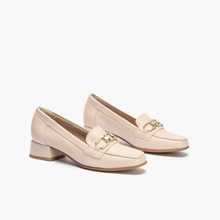 pitillos Mocasines de mujer en piel y adorno cadena metálica y tacón ROSA Grandes descuentos