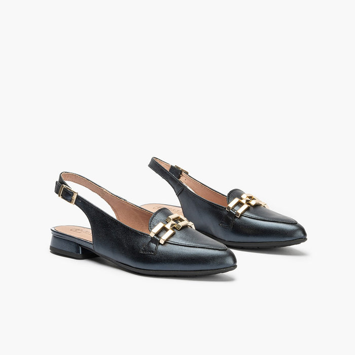 pitillos Mocasines de mujer destalonados en piel laminada con adorno cadena metálica AZUL Rebajas baratas
